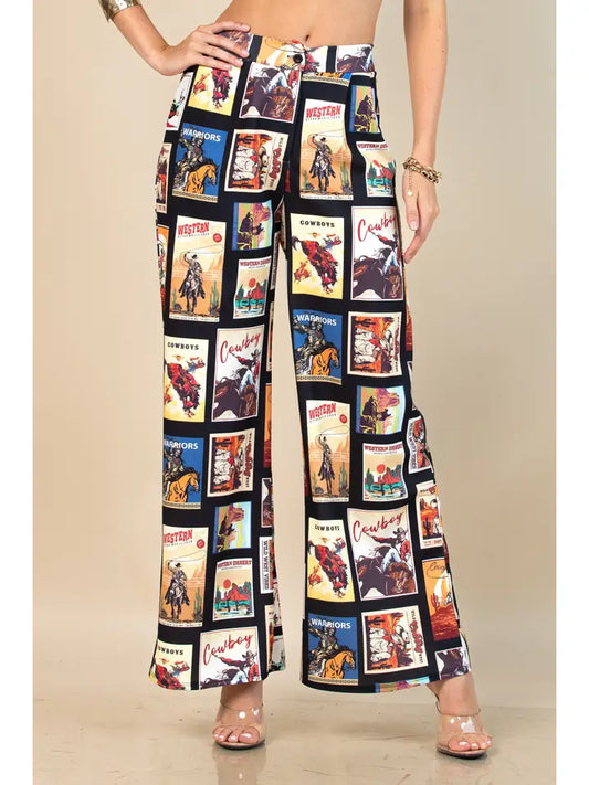 Western Cowboy Stamps Print Slack Pants