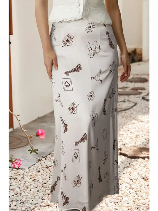 Western Print Satin Long Skirt